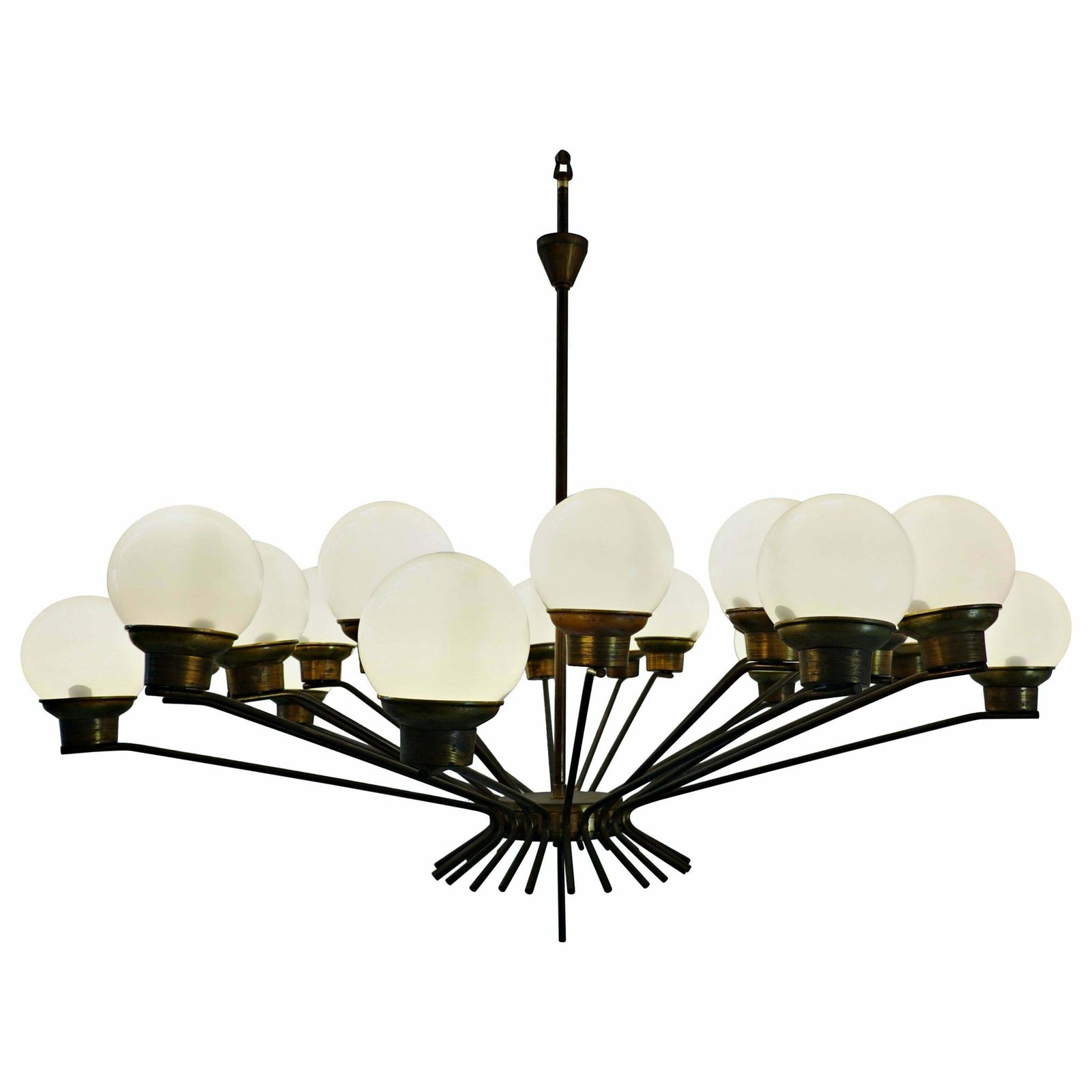 Mid Century Modern Italian Brass And Opaline Chandelier