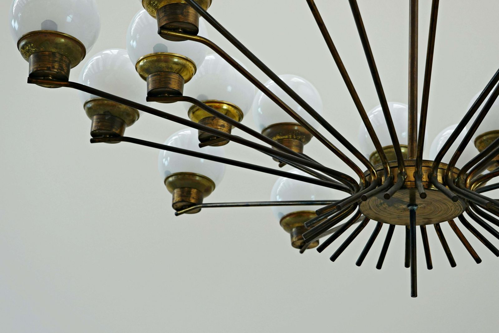 photo for sale Mid Century Modern Italian Brass And Opaline Chandelier