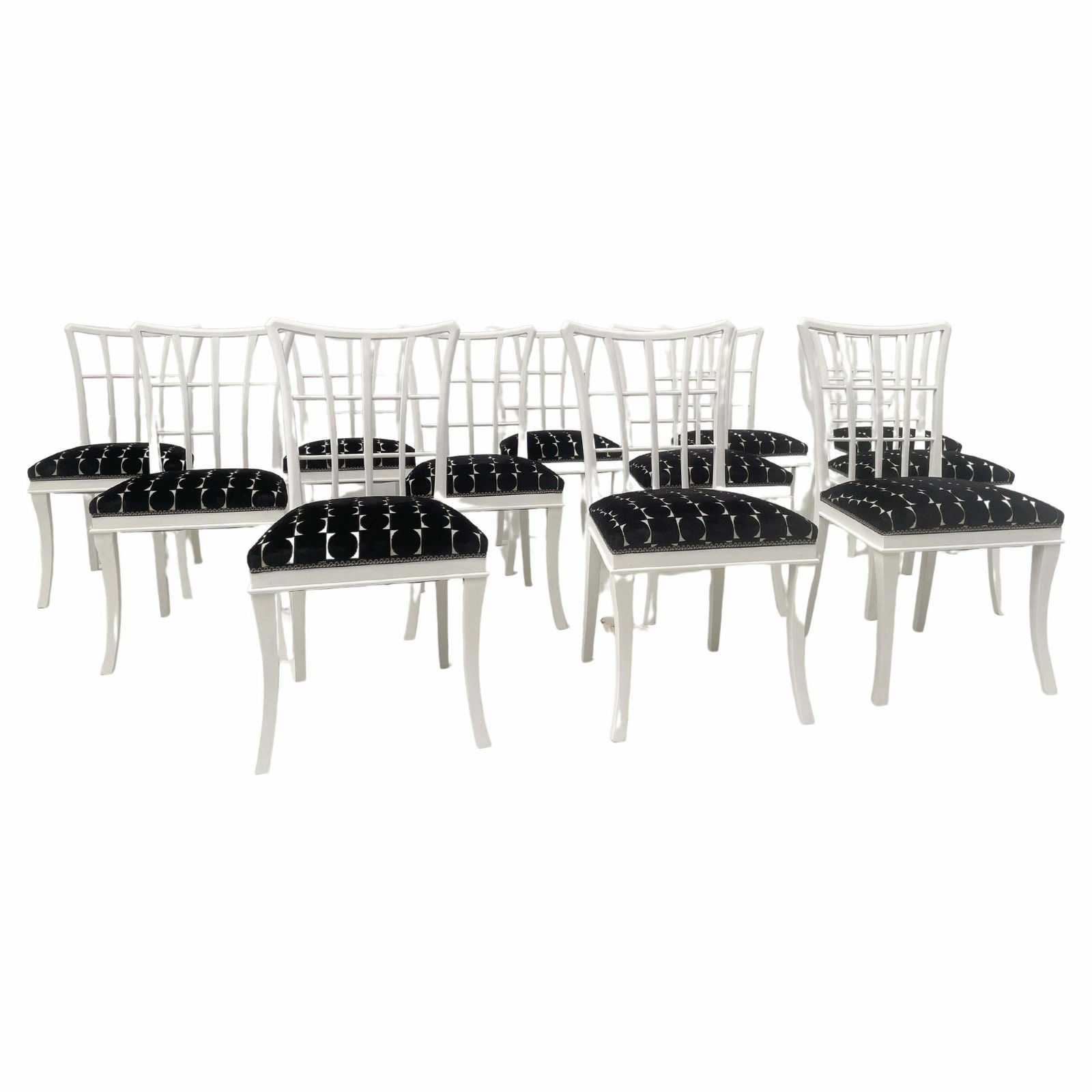 Set Of 12 Art Deco Style Chairs, White Wood And Fabric