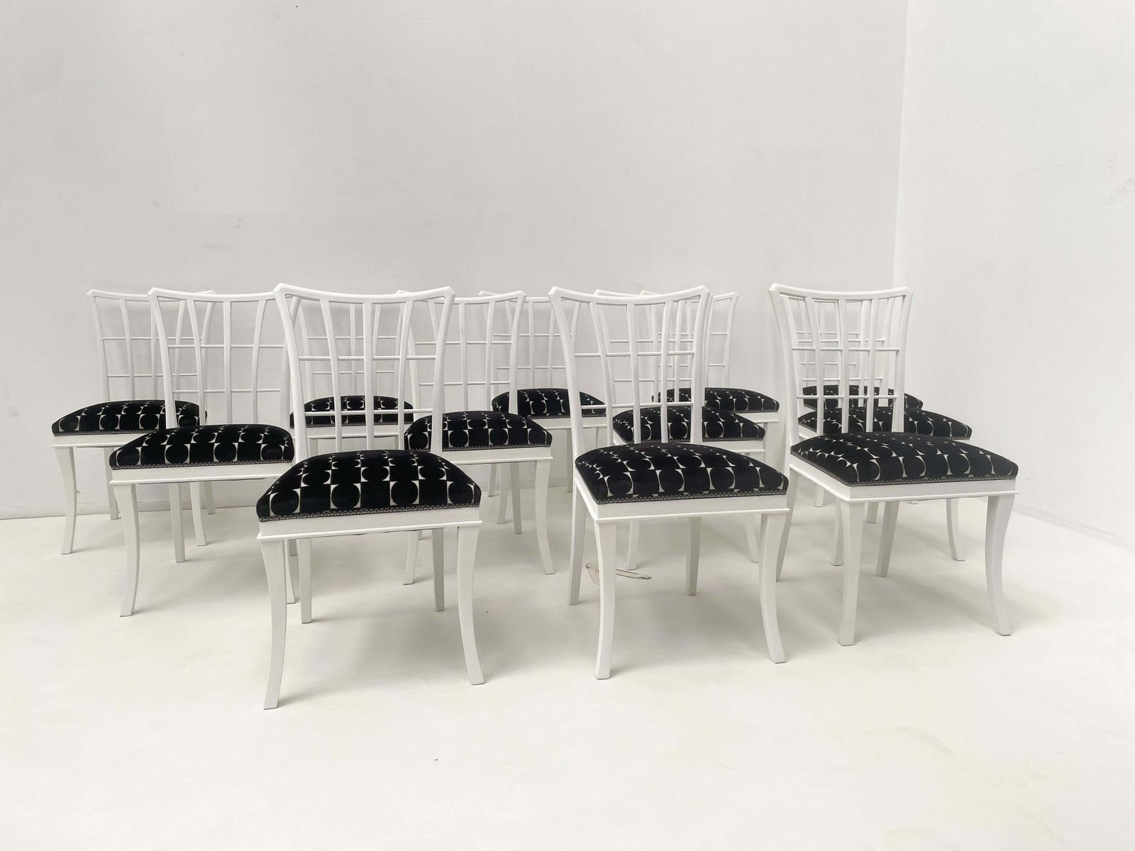 Set Of 12 Art Deco Style Chairs, White Wood And Fabric photo for sale