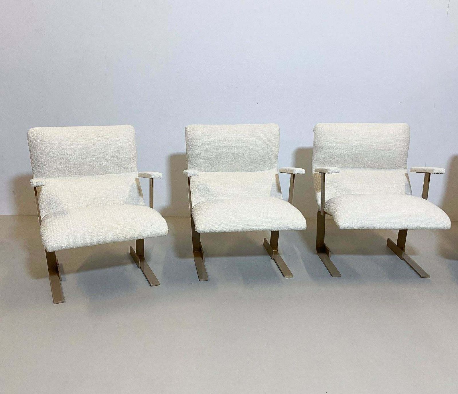 Mid Century Modern Pair Of Italian Armchairs, White Bouclette Fabric, 1970s photo for sale