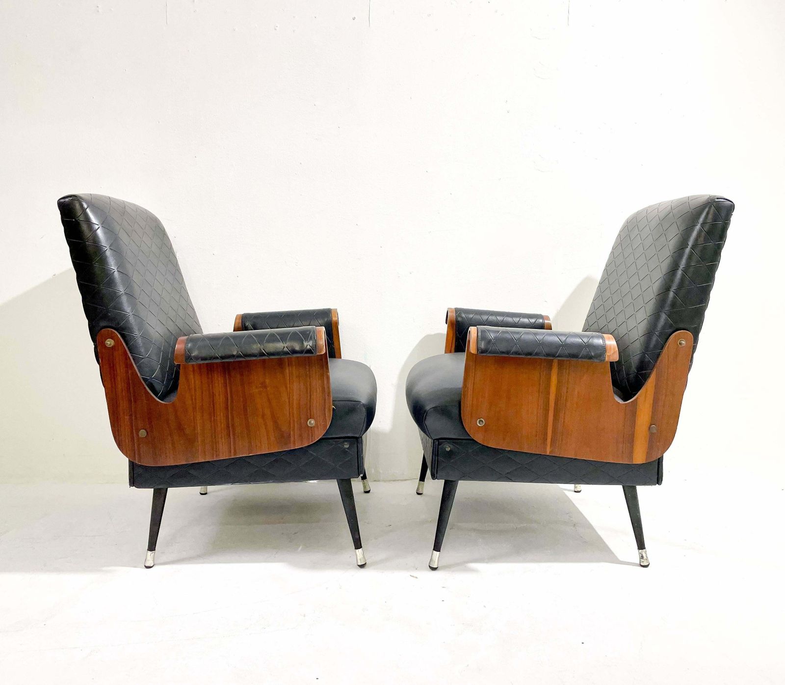 Pair Of Mid Century Modern Armchairs, Walnut And Vegan Leather, Italy, 1960s photo vintage