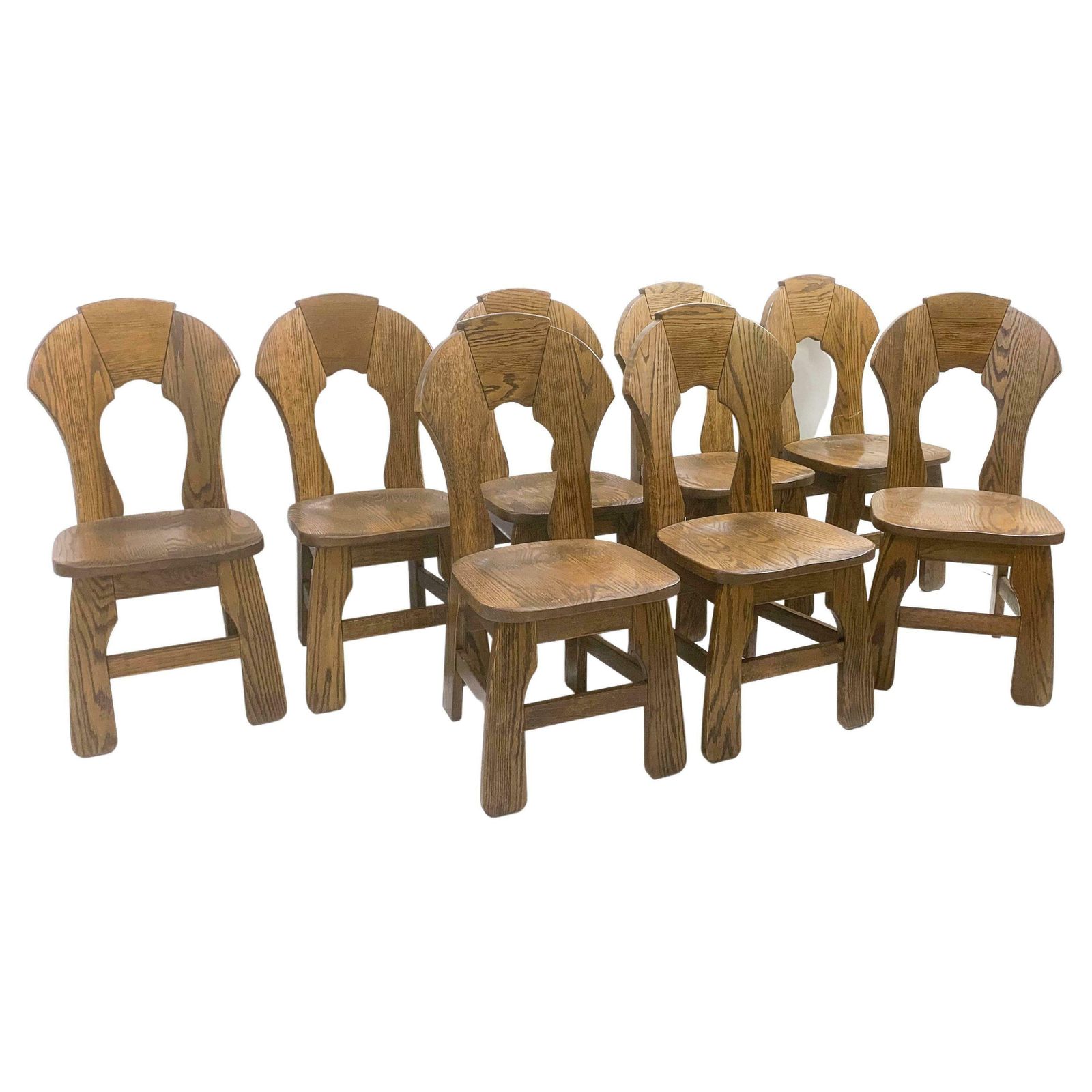 Mid Century Modern Set Of 8 Brutalist Wooden Chairs, Belgium, 1970s