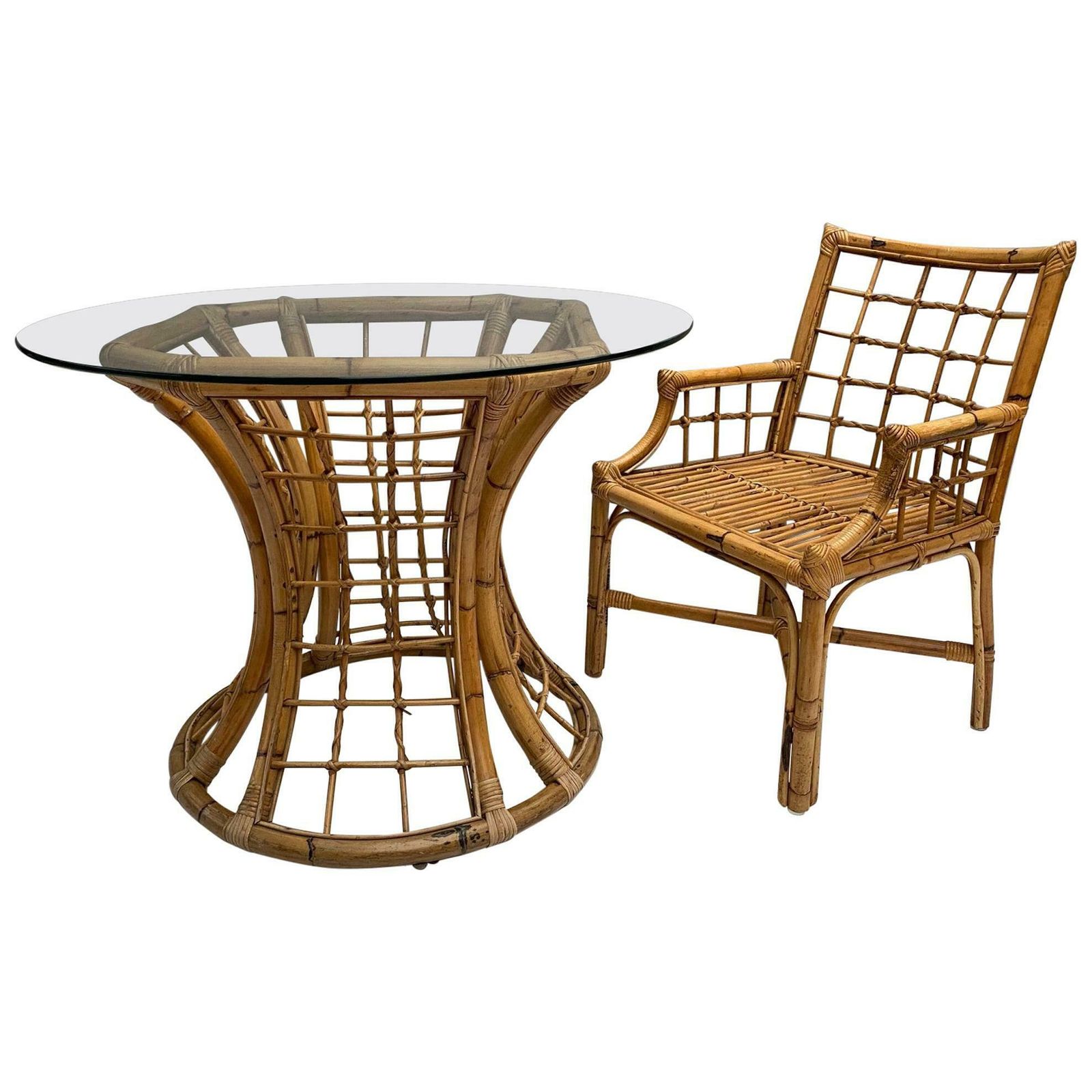 Rattan Table With Glass Top, Mid 20th Century