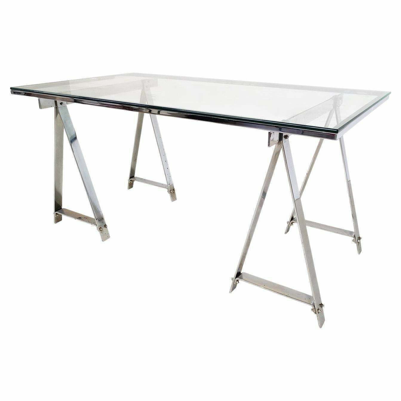 Mid Century Modern Dining Table/Desk, Chrome And Glass, Italy, 1970s