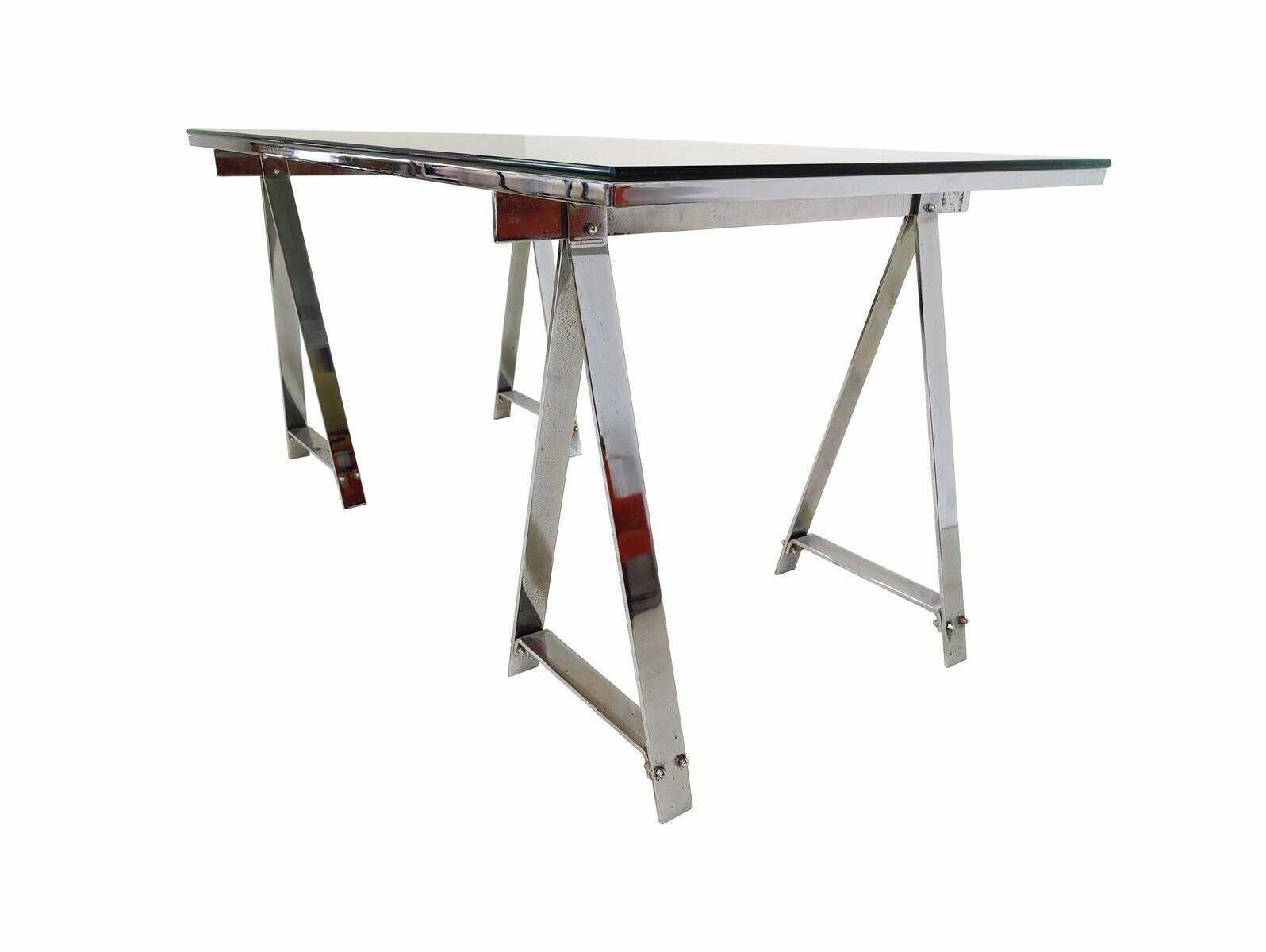 Mid Century Modern Dining Table/Desk, Chrome And Glass, Italy, 1970s photo Furniture
