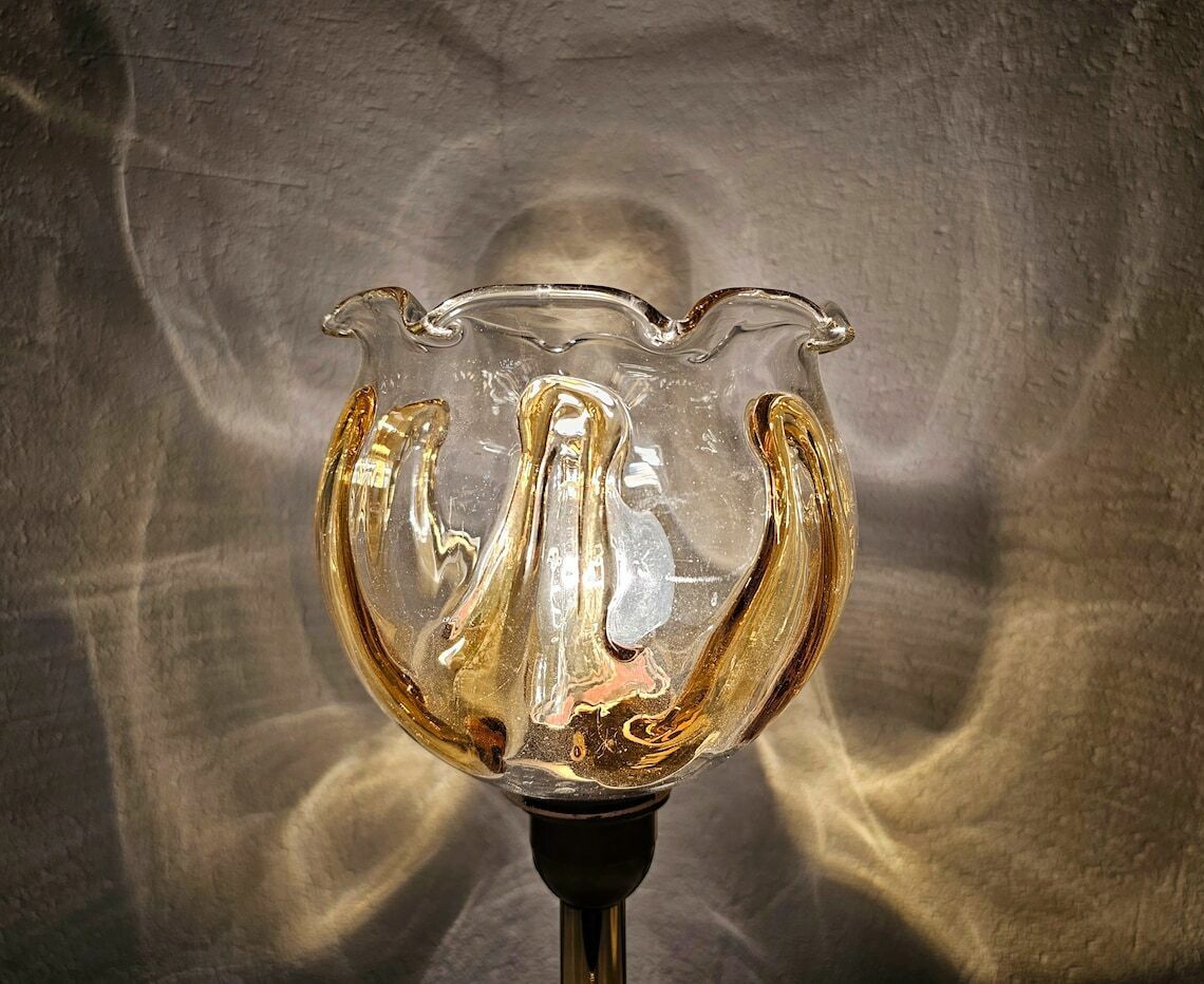 Pair Of Mid Century Modern Brass Table Lamps By Mazzega With Beautiful Murano Glass Floral Shades // Made In Italy In 1960s