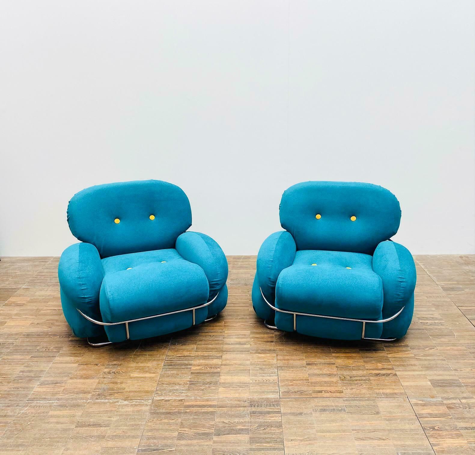Pair Of Bleu And Yellow Armchairs In The Style Of Sesann, Italy, 1960s photo 4458.0