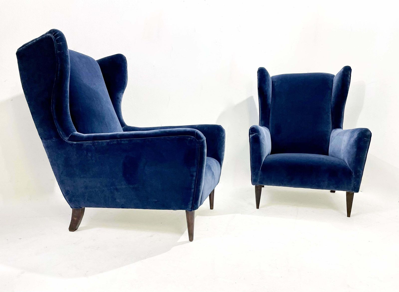 Mid Century Modern Pair Of Italian Armchairs, Blue Velvet, 1950s photo for sale