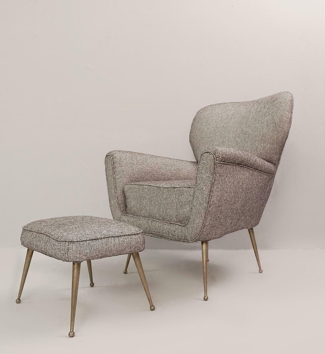 Pair Of Italian Armchairs With Ottomans, New Upholstery