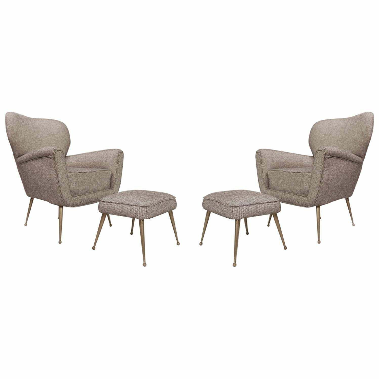 Pair Of Italian Armchairs With Ottomans, New Upholstery photo vintage