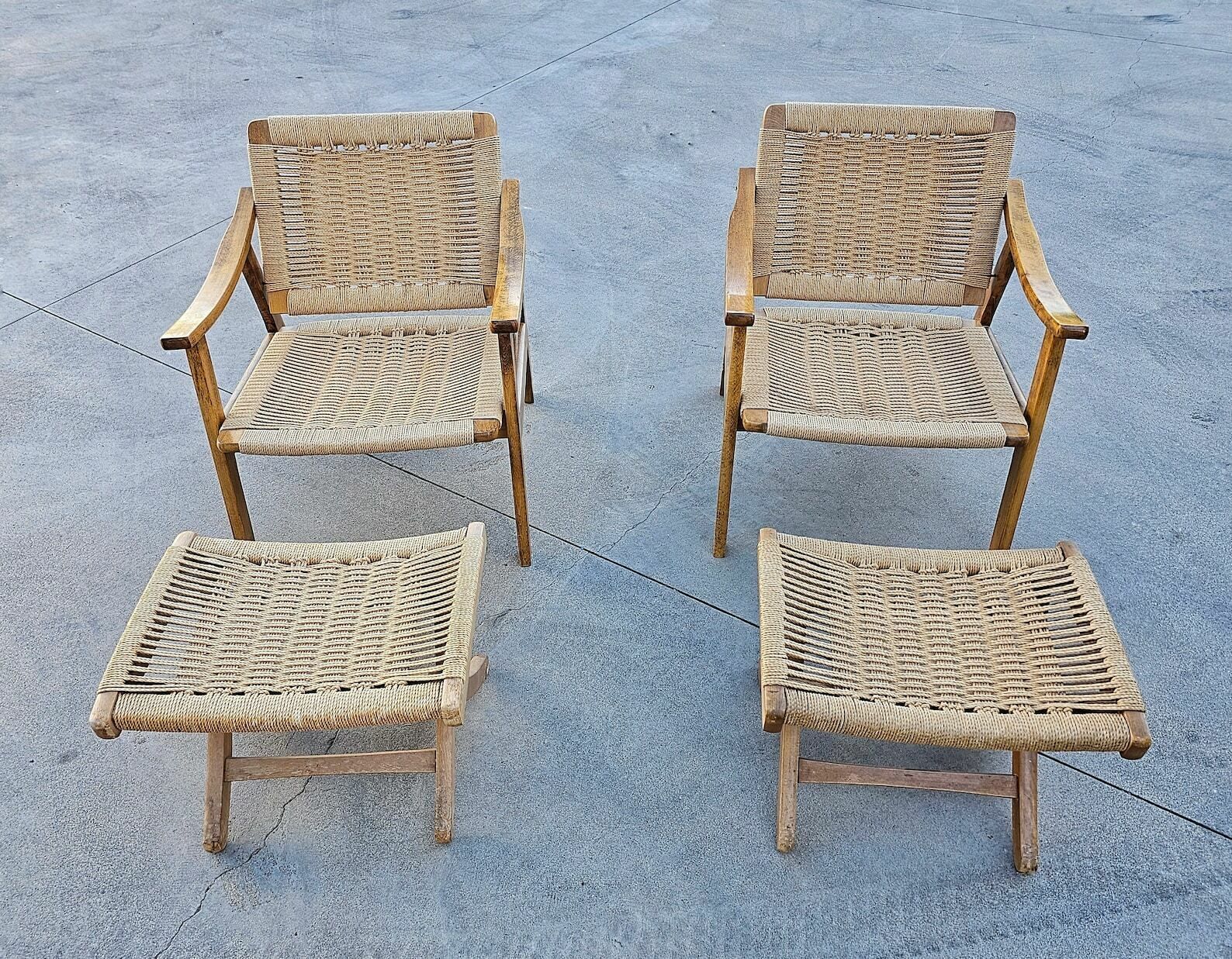 Pair Of Mid Century Modern Armchairs With Ottomans Done In Oak And Danish Paper Cord Done In Hans J. Wegner Style / Made In Yugoslavia In 1960s