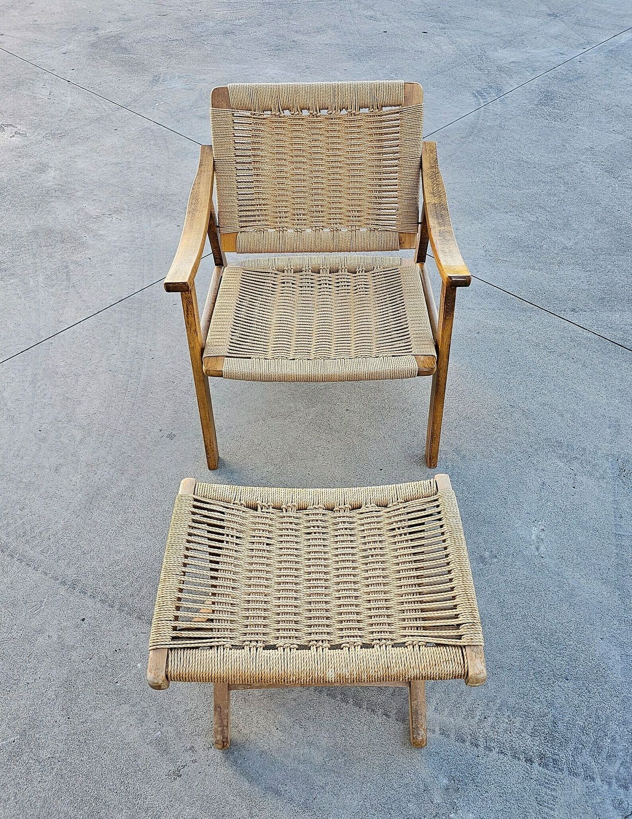 Pair Of Mid Century Modern Armchairs With Ottomans Done In Oak And Danish Paper Cord Done In Hans J. Wegner Style / Made In Yugoslavia In 1960s photo Furniture