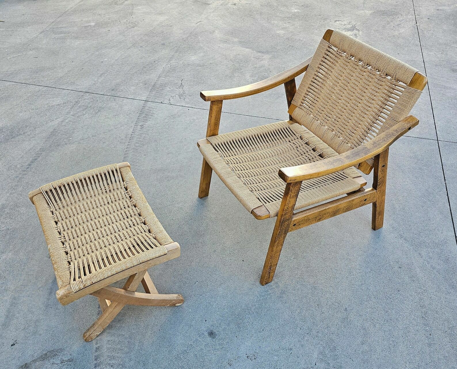 Pair Of Mid Century Modern Armchairs With Ottomans Done In Oak And Danish Paper Cord Done In Hans J. Wegner Style / Made In Yugoslavia In 1960s photo buy