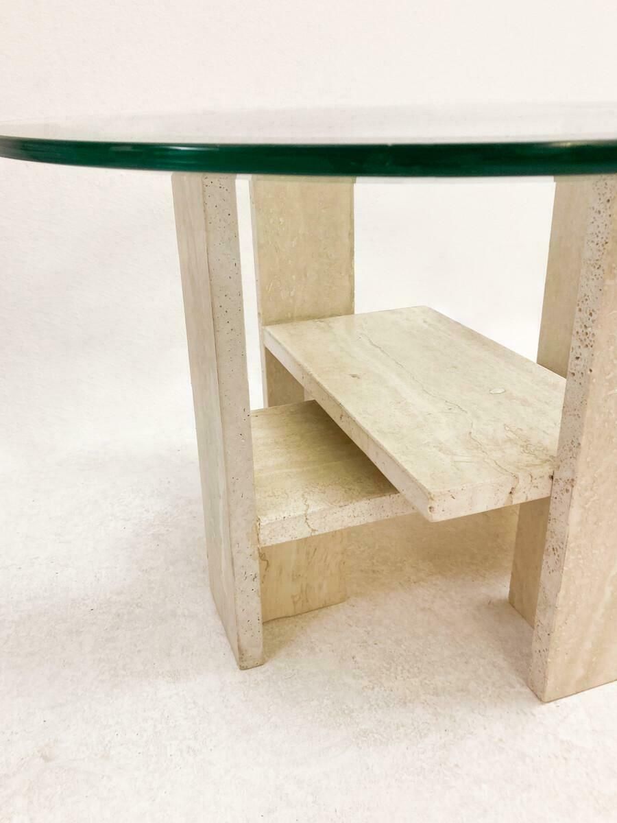 Mid Century Modern Glass And Travertine Coffee Table By Willy Ballez, 1970s