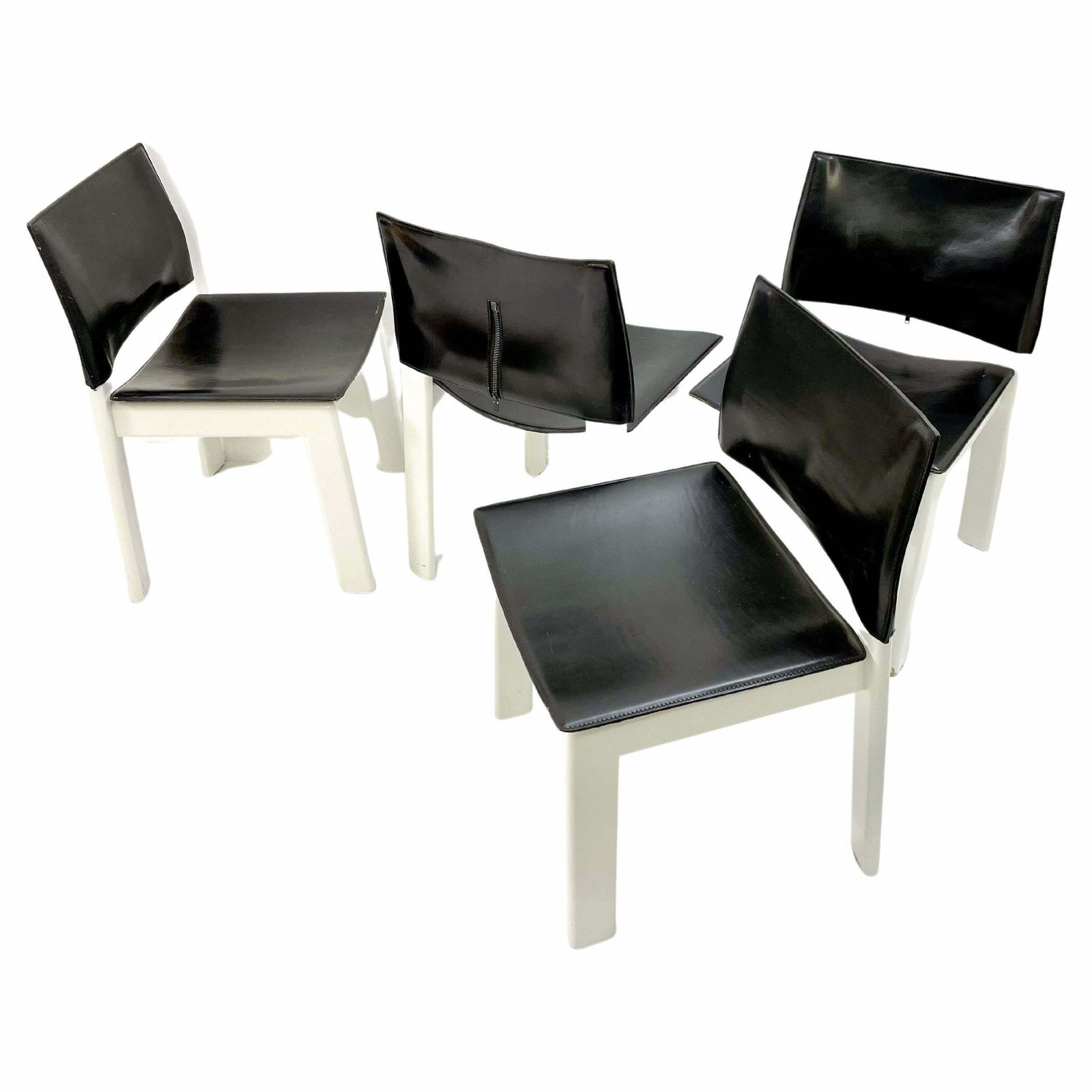 Mid Century Modern Set Of 4 Chairs, White Wood And Black Leather, Italy, 1970s photo vinterior