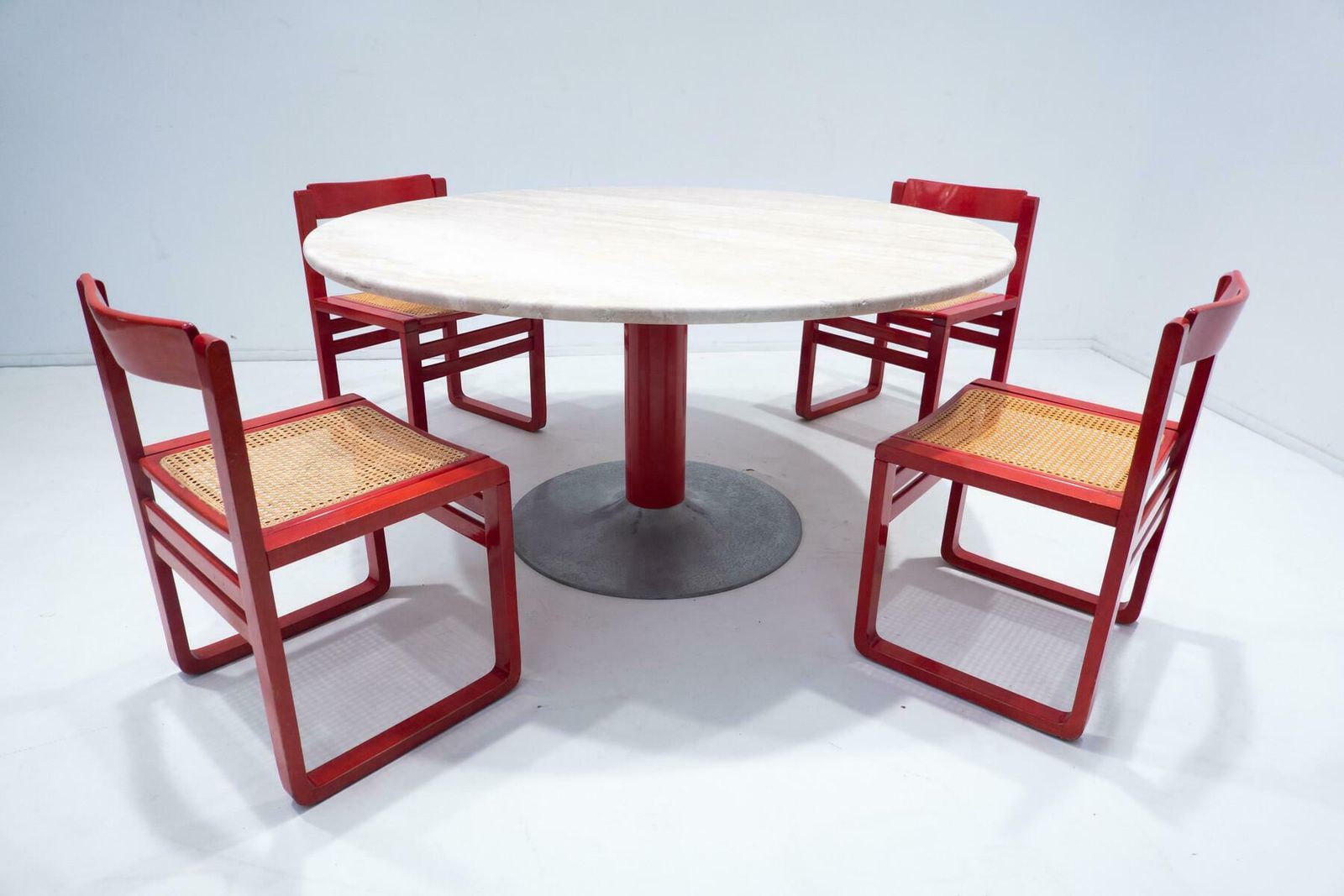 Mid Century Modern Dining Table, Travertine And Metal, Italy, 1960s, 2 Available