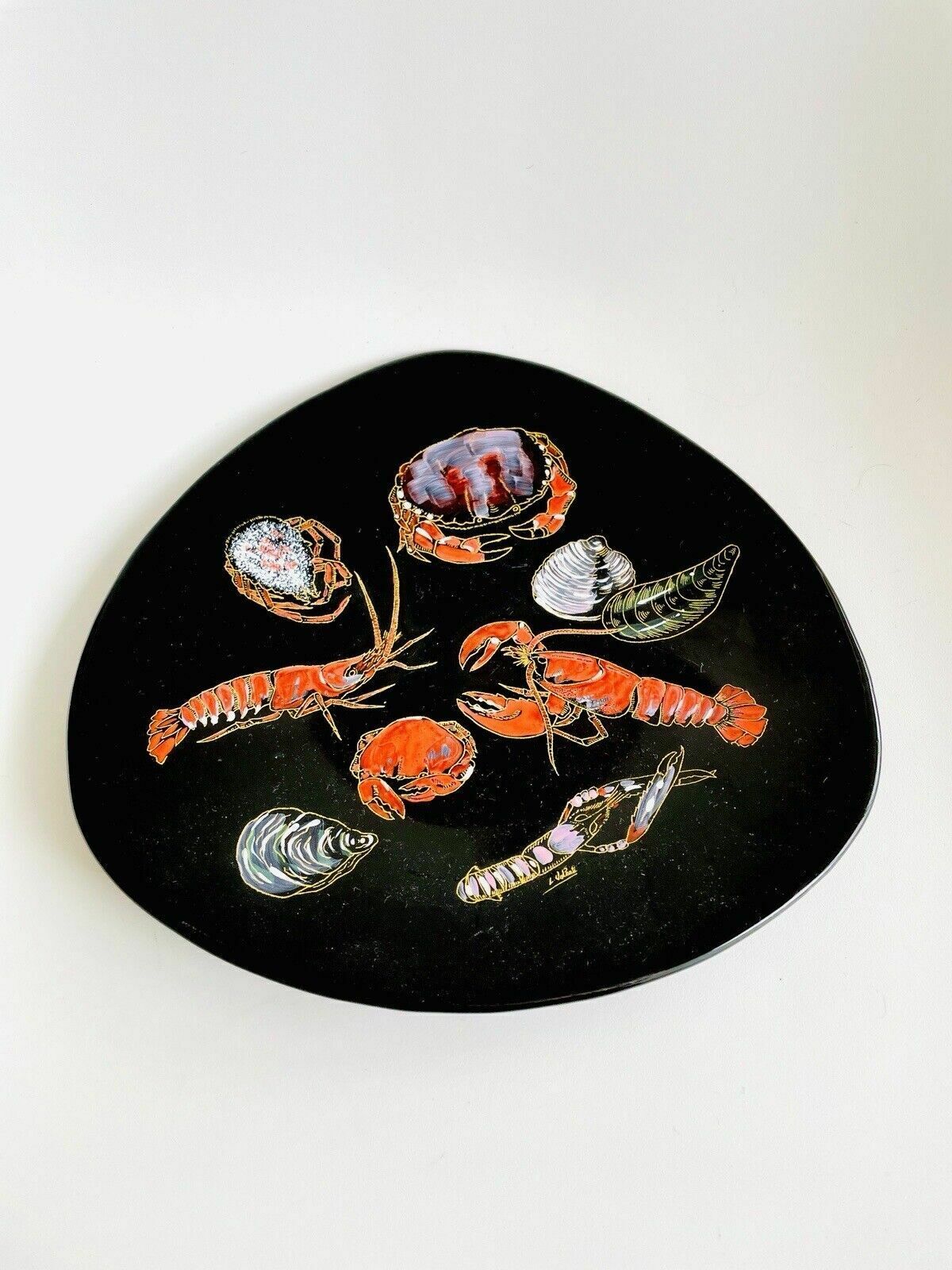 Longwy French Enamel Plate With Hand Painted Crustaceans L Valenti Numbered 3522 photo vinterior