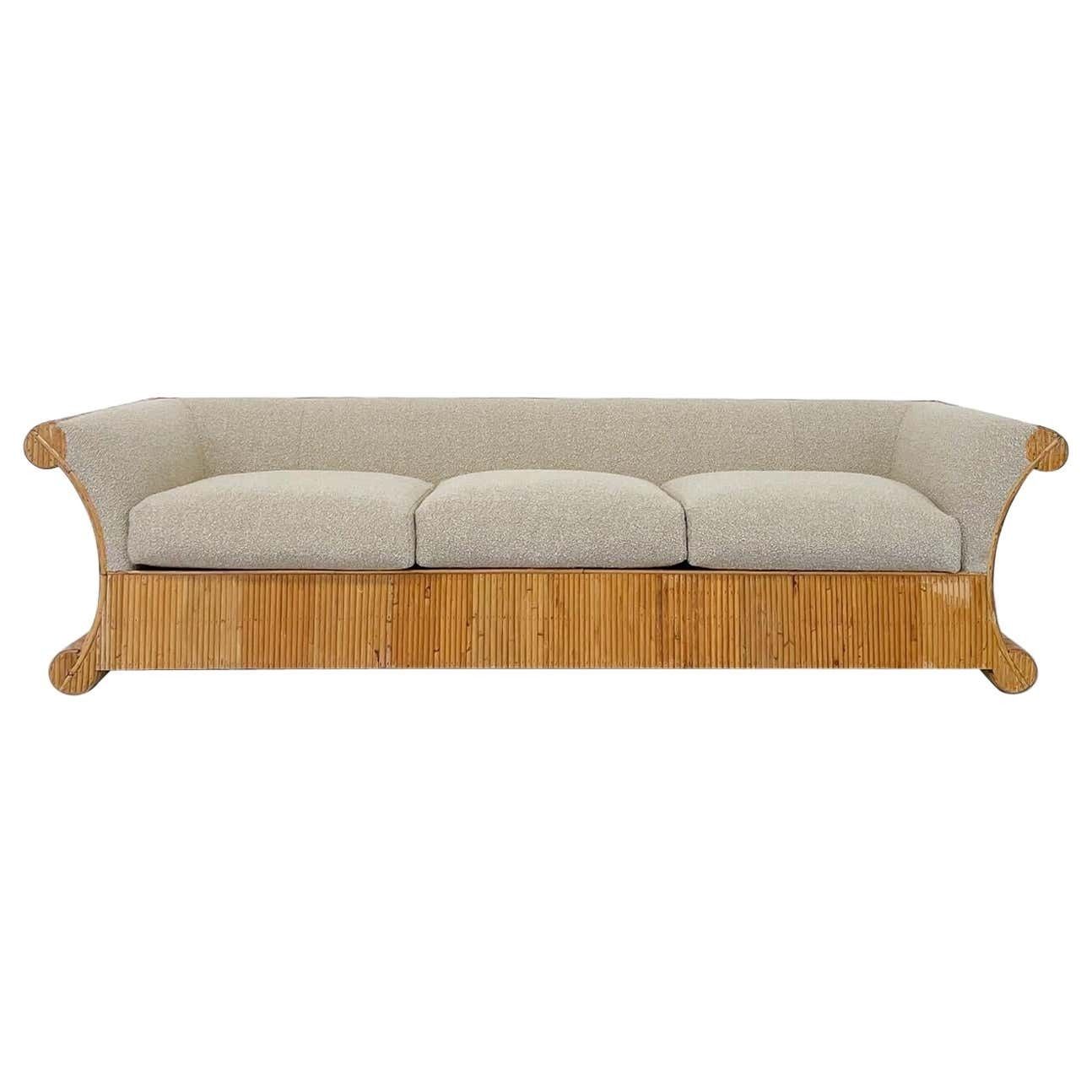 Mid Century Modern Rattan Three Seater, Beige Boucle Fabric, Italy, 1960s