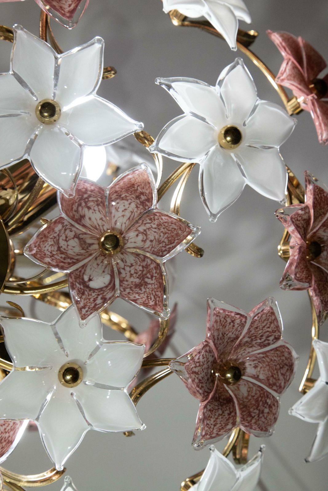 photo for sale Spectacular Murano Chandelier Full Of Pink And White Flowers, 1980s