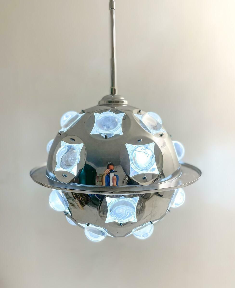 Mid Century Modern Chrome And Glass Suspension By Oscar Torlasco, Italy, 1970s photo for sale