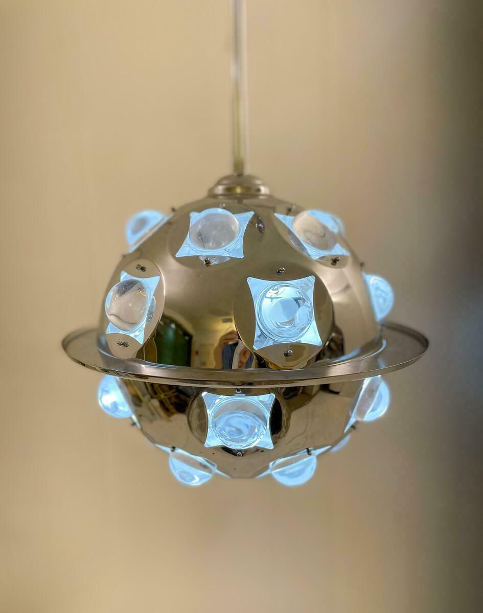 Mid Century Modern Chrome And Glass Suspension By Oscar Torlasco, Italy, 1970s photo Lighting