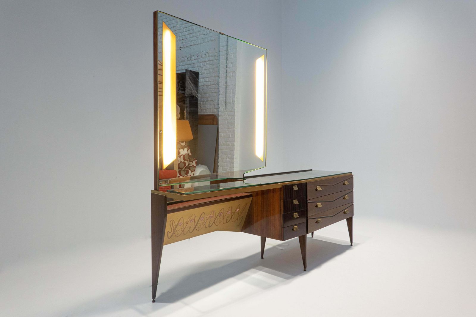 photo for sale Mid Century Modern Italian Wooden Dressing Table With Lightning Mirror, 1960s