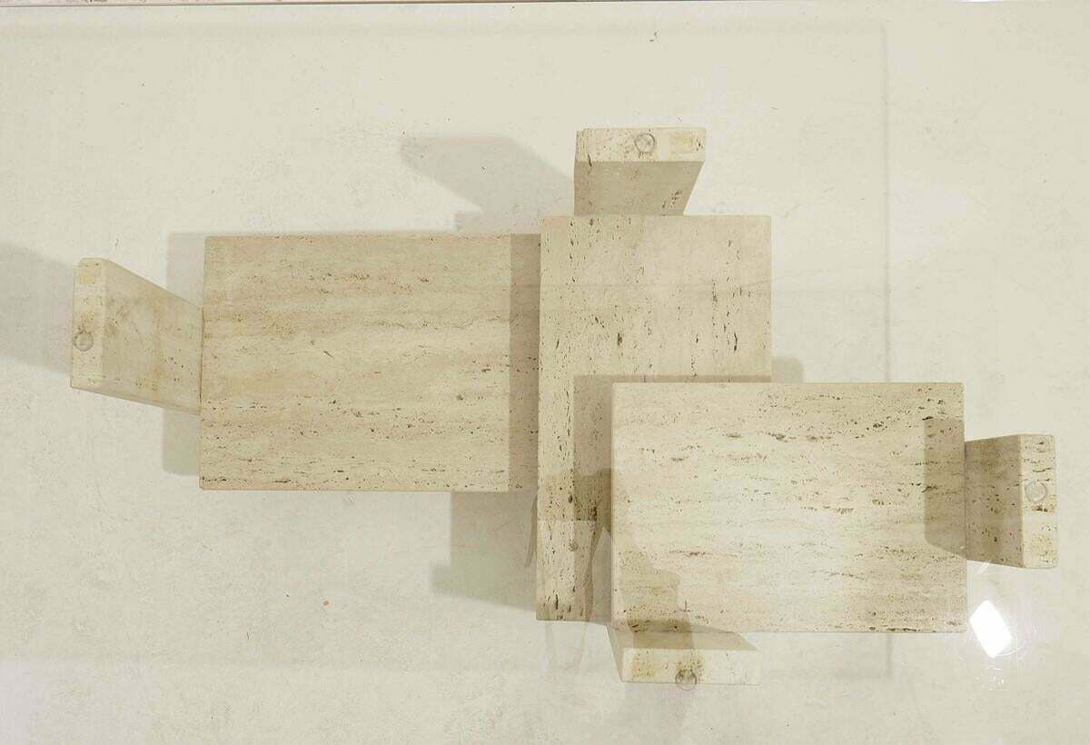 Mid Century Modern Glass And Travertine Coffee Table, Willy Ballez, 1970s photo 2225.0