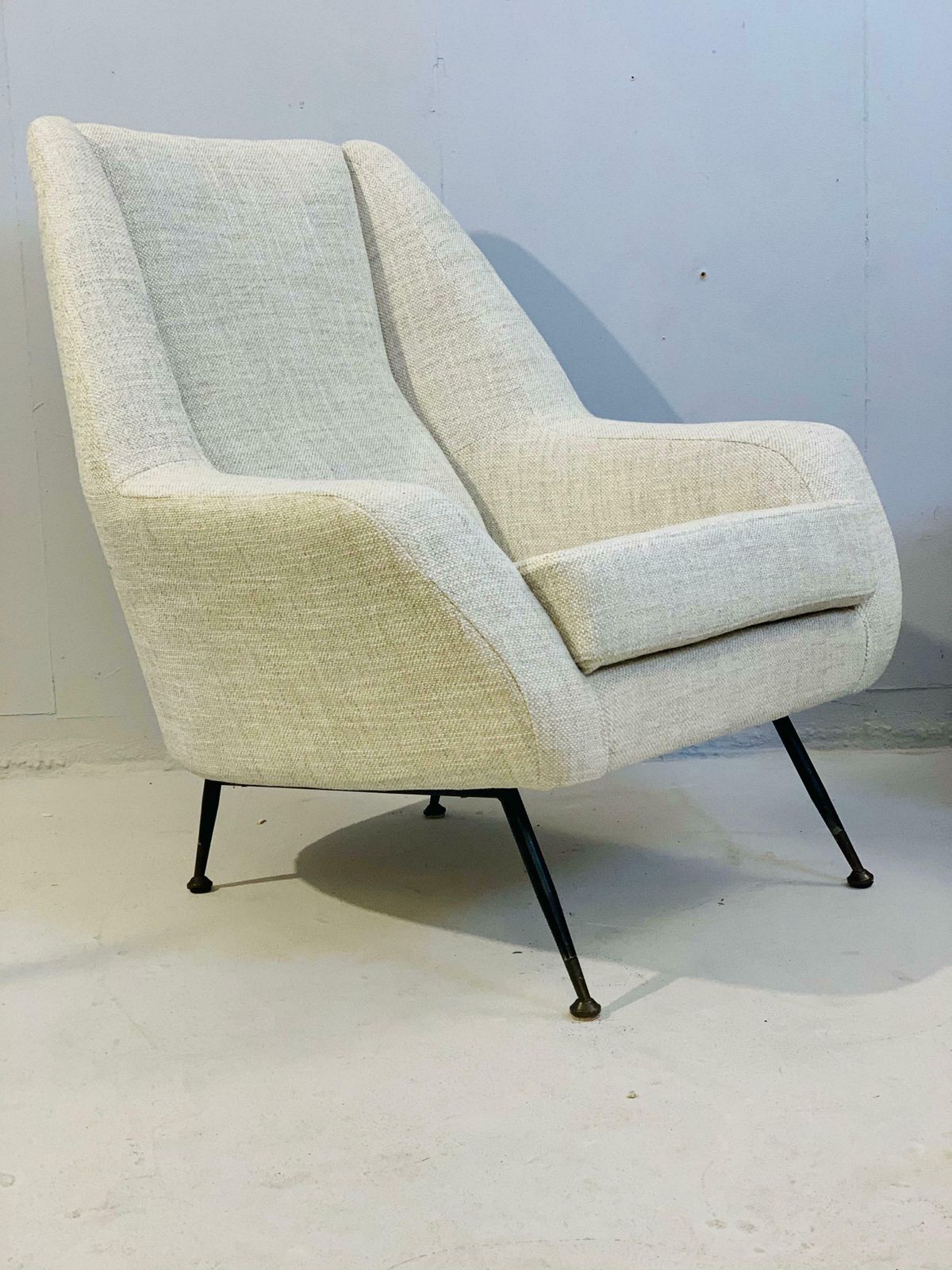 Pair Of Mid Century Modern Italian Armchairs In White Fabric, Circa 1950
