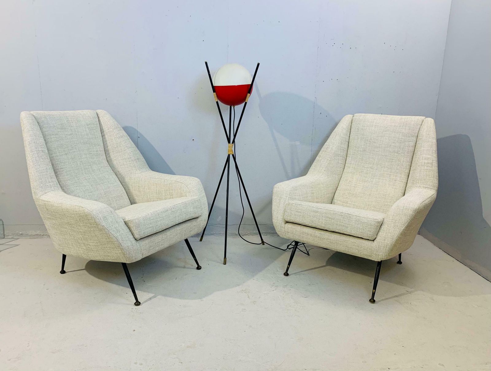 Pair Of Mid Century Modern Italian Armchairs In White Fabric, Circa 1950 photo 5086.0