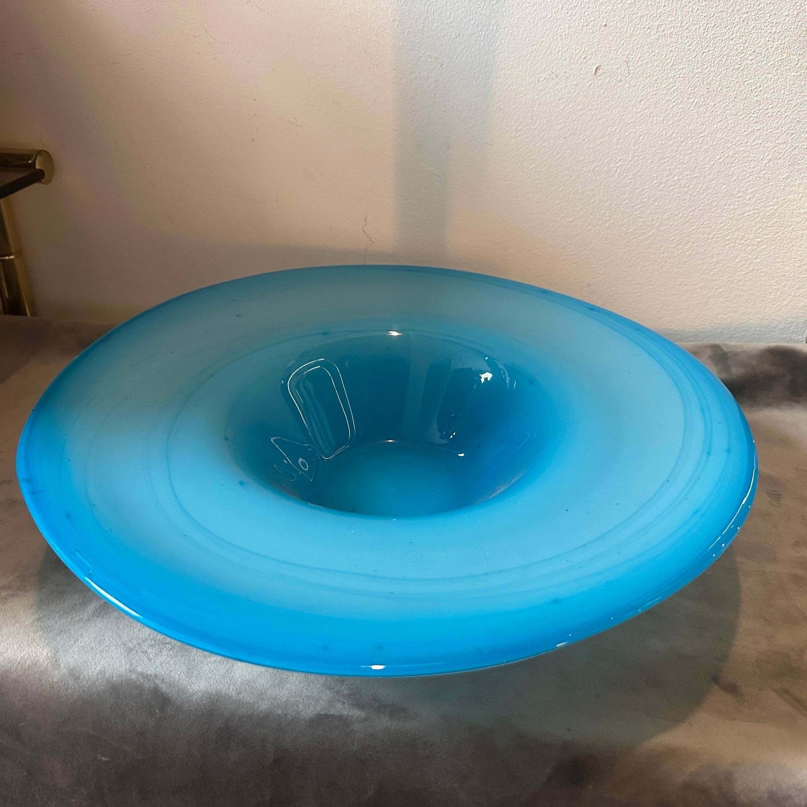 photo for sale 1980s Modern Turquoise And White Murano Glass Round Centerpiece