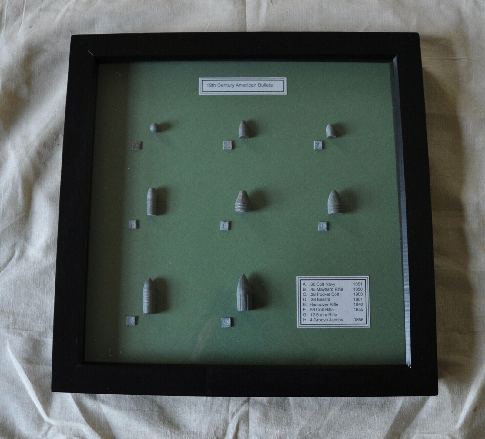 19th Century American Pistol, Rifle And Hunting Gun Cast Lead Bullets In Display Frame