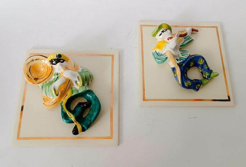 Pair Of Ceramic Tiles In Relief Coronetti Cunardo Servais 1950s Musicians photo furniture