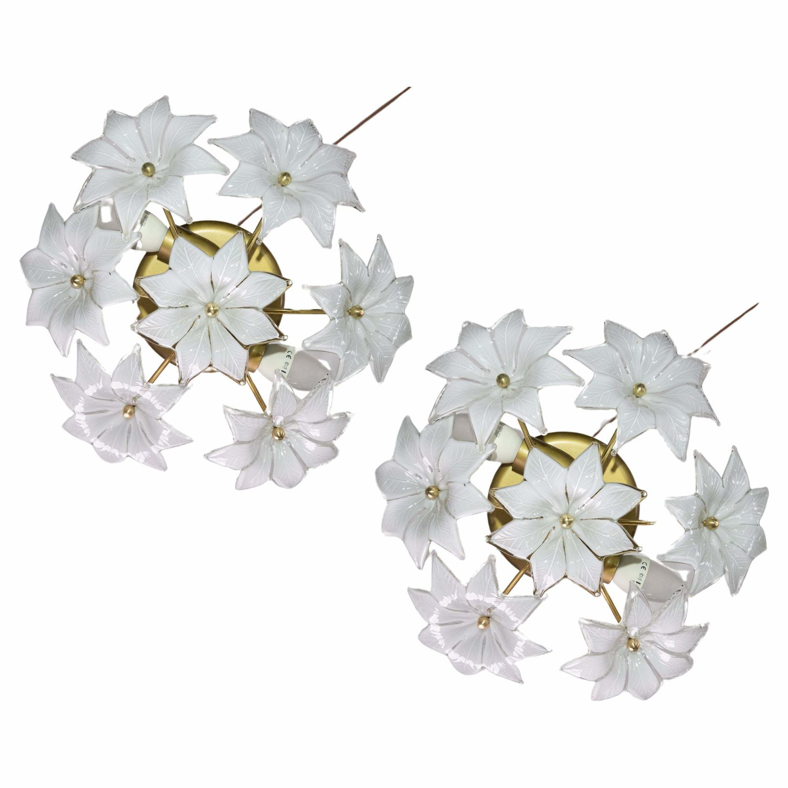 photo for sale Set Of 2 Delicious Murano Vintage Ceiling Light White Flowers, 1970s