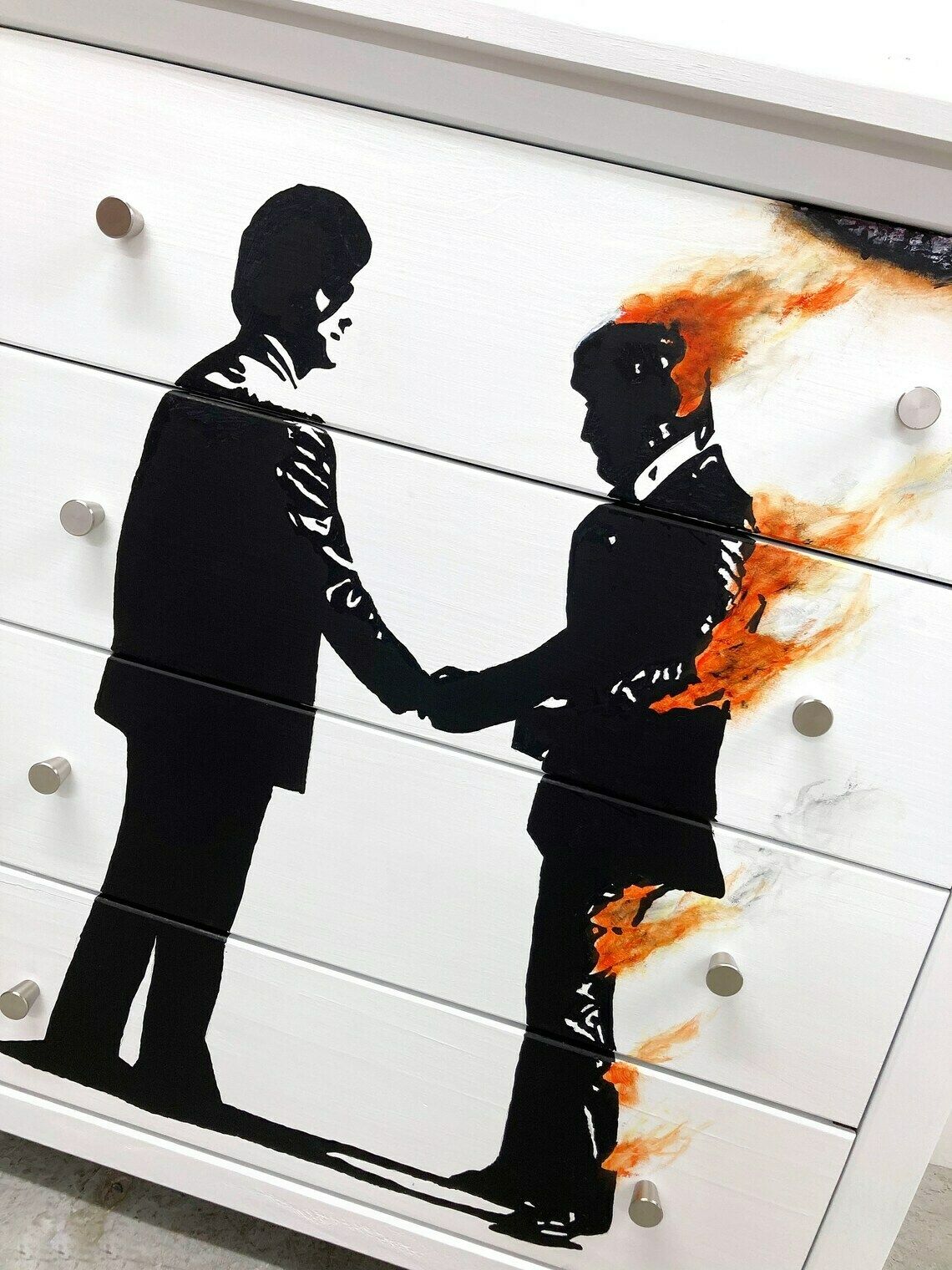 Chest Of 4 Drawers  Pink Floyd  Wish You Were Here  Art On Wood  Bedroom Furniture  White Chest Of Drawers  Hand Painted Drawers photo vinterior