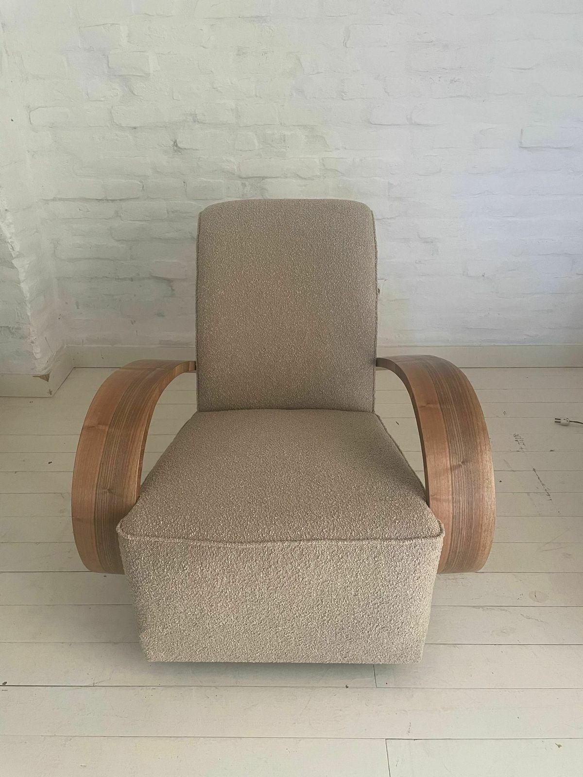 photo buy Art Deco Armchair With Wooden Arm And Curly Taupe Fabric