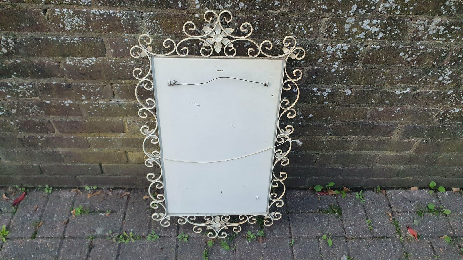 photo for sale Large Classic 60’s Retro Large Metal Painted Cream Mirror. Flower Motif. 60’s Chic 81 X 45 Cm