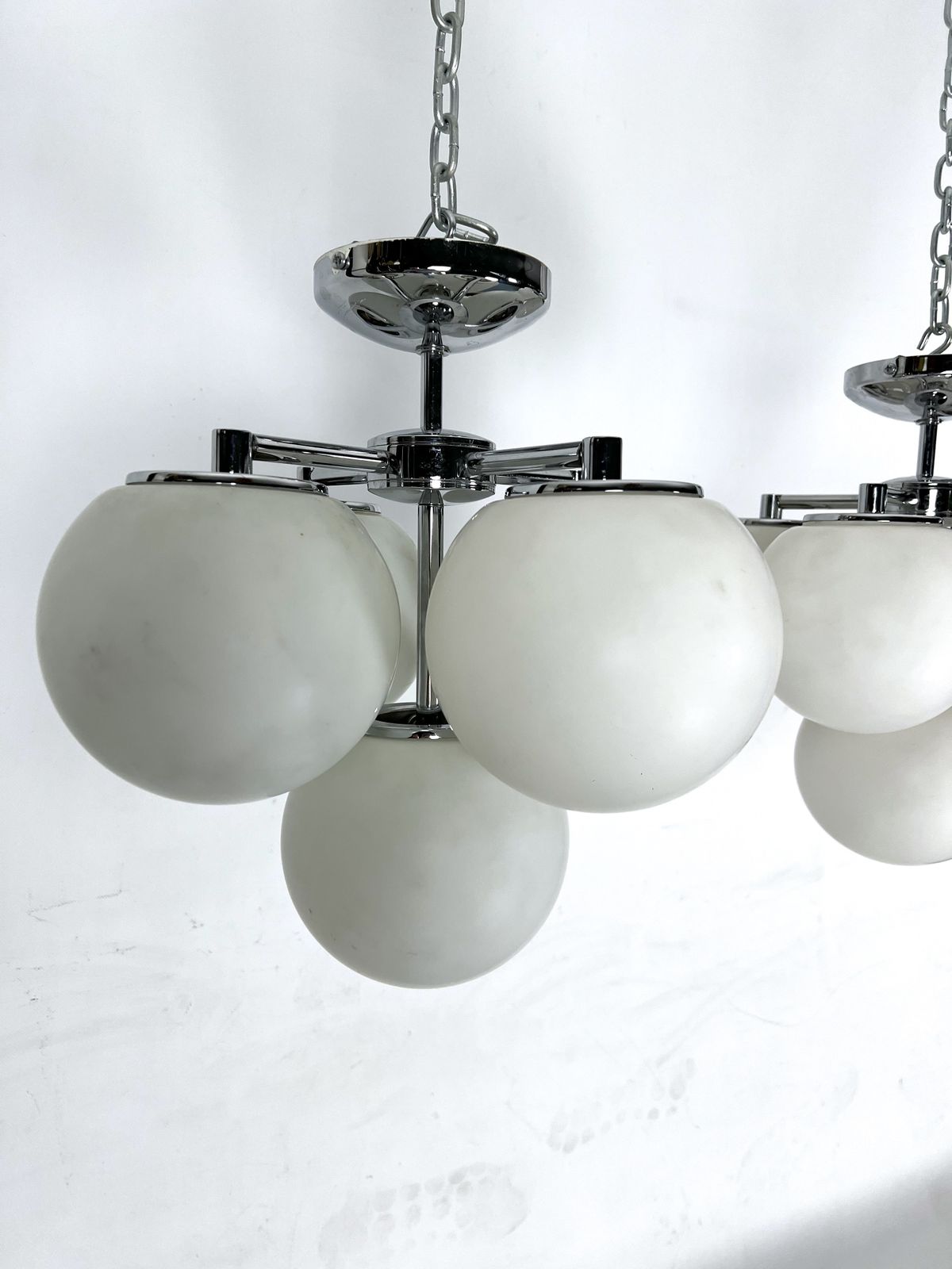 Space Age Style, Vintage Pair Of Ceiling Lamps In Chrome And Opaline Glass. Italy 1980s photo for sale