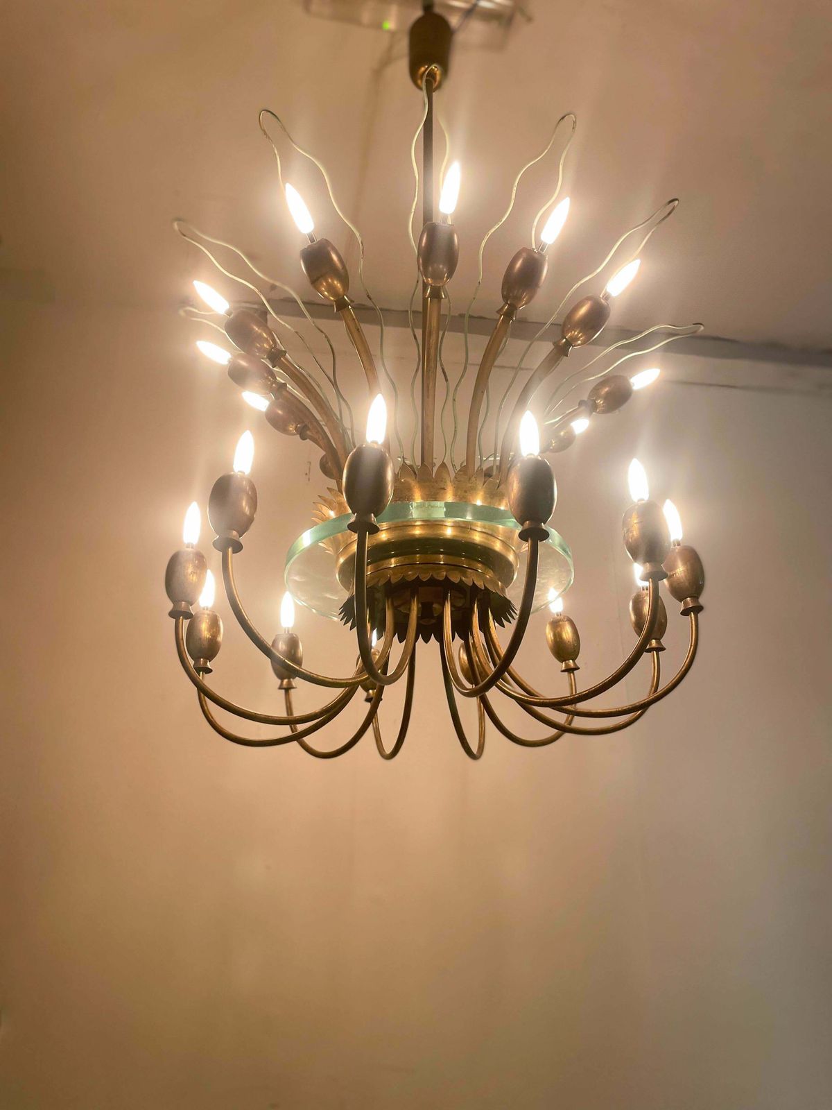Mid Century Modern Italian Chandelier, Metal Brass And Glass, Italy, 1950s photo 6668.0