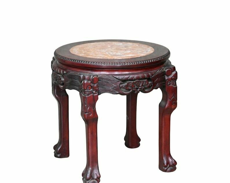 Chinese Pair Side Tables | 2pcs Plant Stands | Red Marble And Lacquer | Carved Wood photo furniture