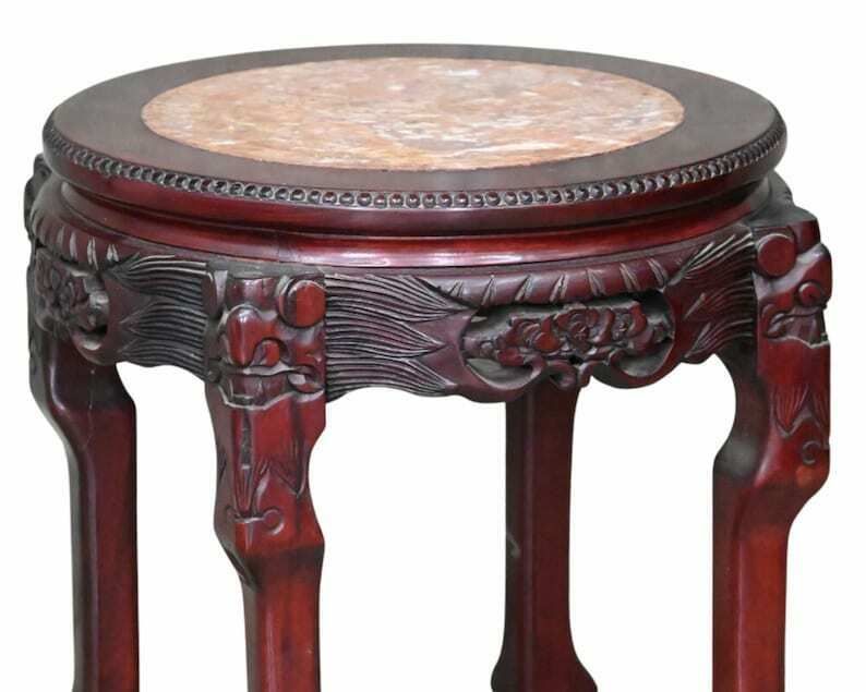 Chinese Pair Side Tables | 2pcs Plant Stands | Red Marble And Lacquer | Carved Wood photo Furniture