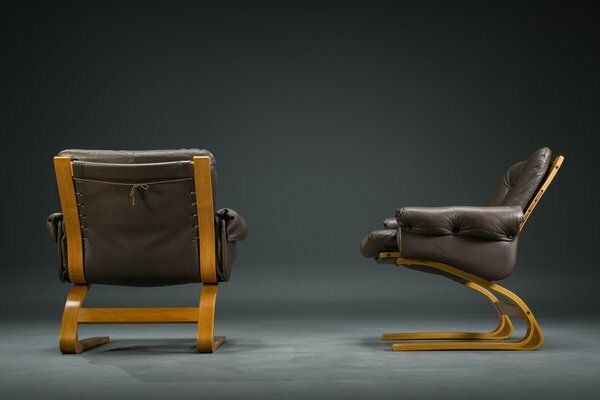 Furniture Brown Leather Armchairs By Elsa & Nordahl Solheim For Rybo Rykken & Co., 1970s, Set Of 2 photo