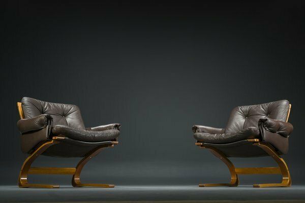 1680.0 Brown Leather Armchairs By Elsa & Nordahl Solheim For Rybo Rykken & Co., 1970s, Set Of 2 photo