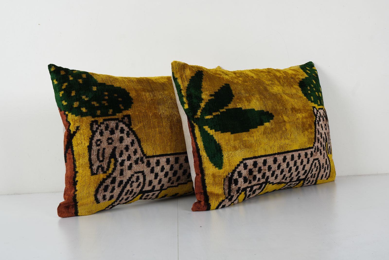 Animal Ikat Velvet Pillow, Set Pink Silk Lumbar Cushion Cover, Abstract Gold Pictorial Designer Pillow Case 16''' X 24'' photo for sale