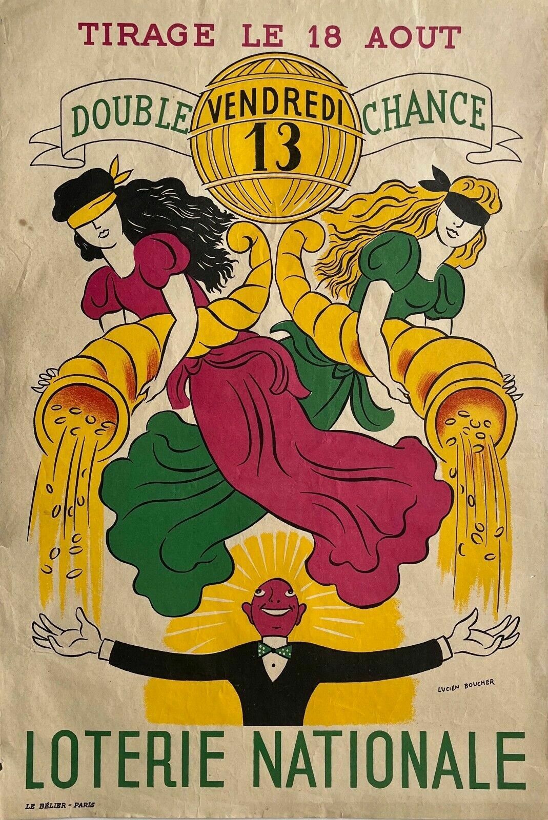 Poster Nationale Loterij Frankrijk Trekking 18 Augustus 1955 Door Lucien Boucher