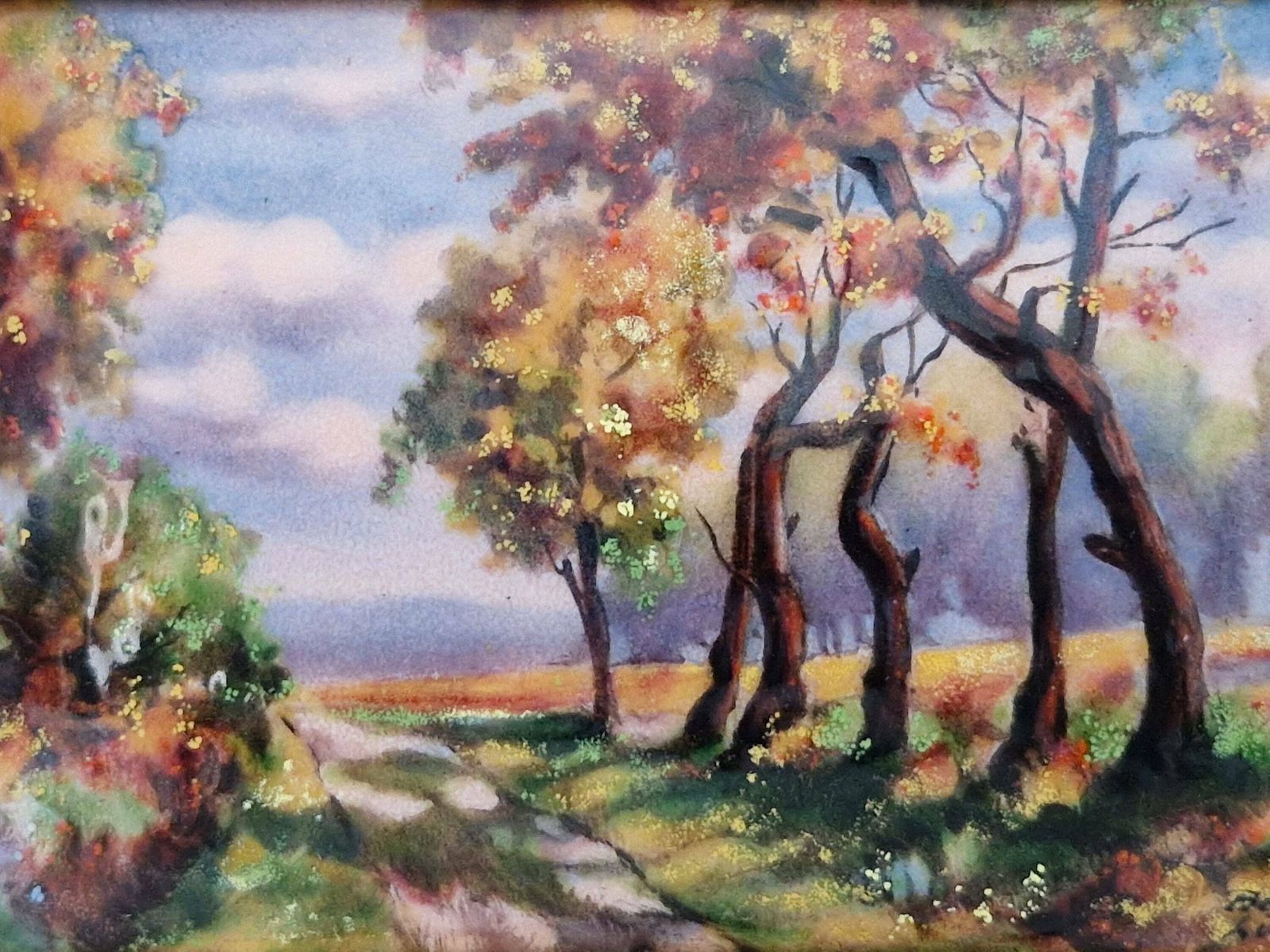 French Limoges Enamel Autumnal Painting By Betourne, Fall Country Landscape Wall Art photo furniture