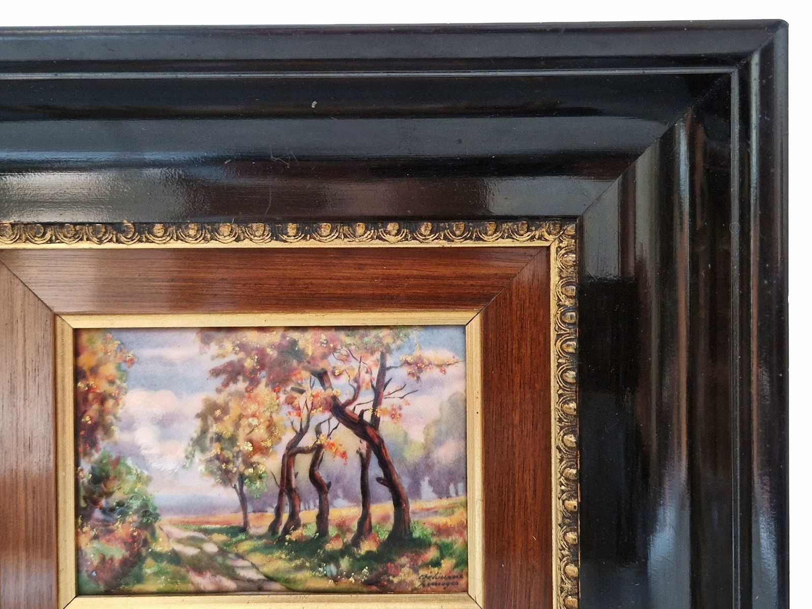 photo furniture French Limoges Enamel Autumnal Painting By Betourne, Fall Country Landscape Wall Art