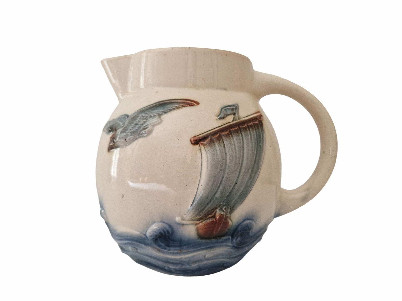 Antique French Majolica Water Pitcher By Digoin Sarreguemines, Sailboat And Seagull Art Deco Ceramic Jug, Nautical Decor photo vinterior
