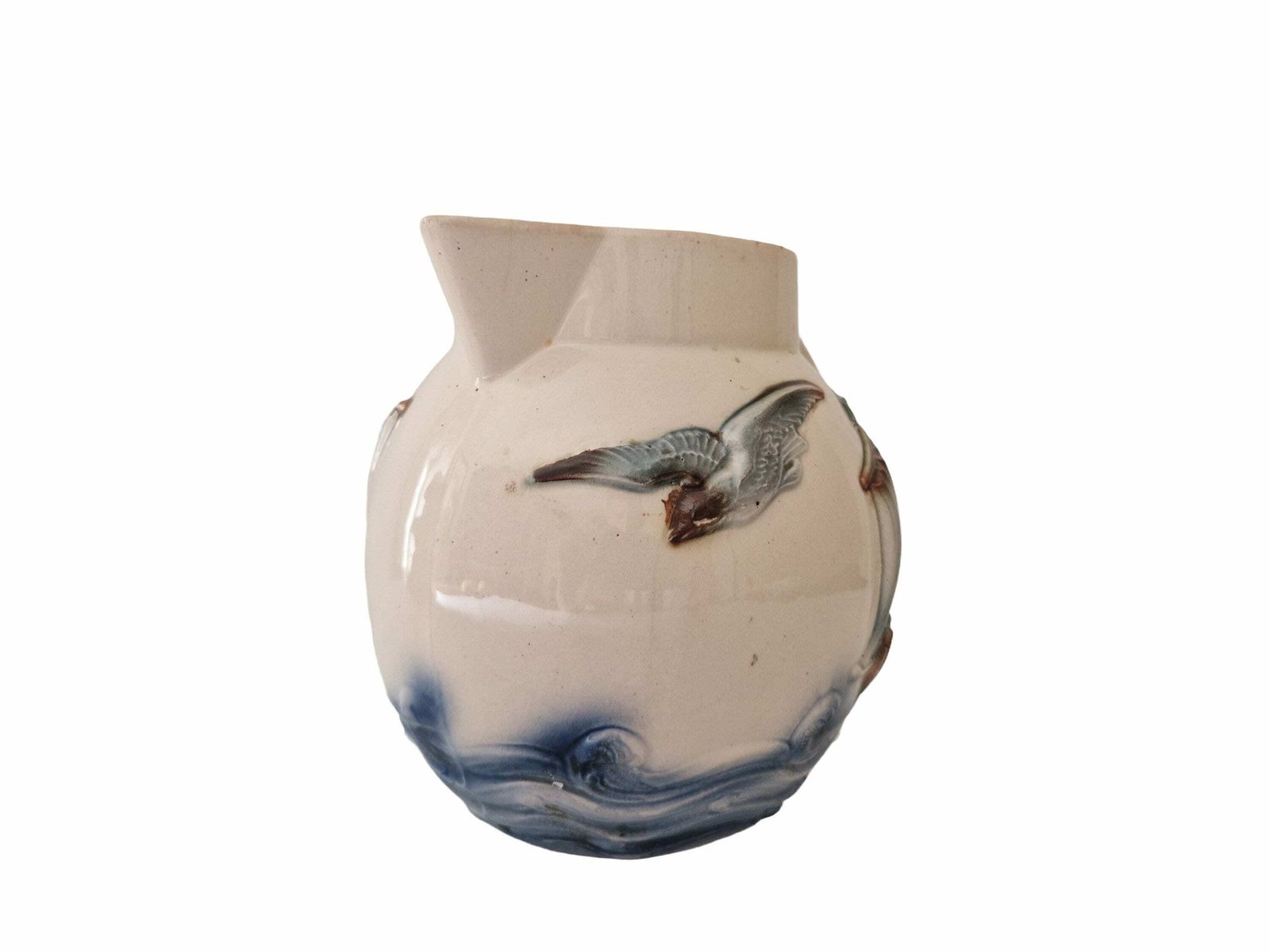 Antique French Majolica Water Pitcher By Digoin Sarreguemines, Sailboat And Seagull Art Deco Ceramic Jug, Nautical Decor photo vintage