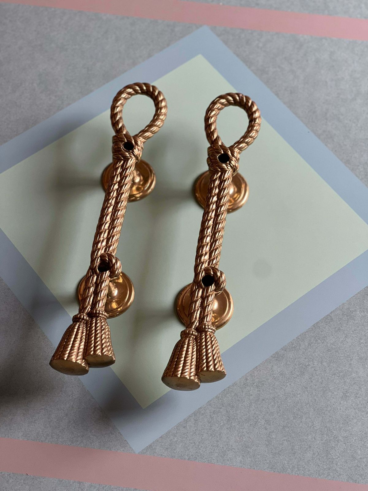 Pair Of Large Push And Pull Rope And Tassel Effect Solid Brass Door Handles. Italian 1950s
